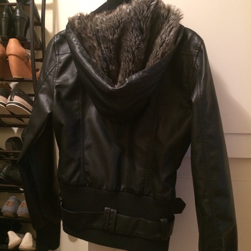 Pleather/faux leather bomber jacket with fur hood
