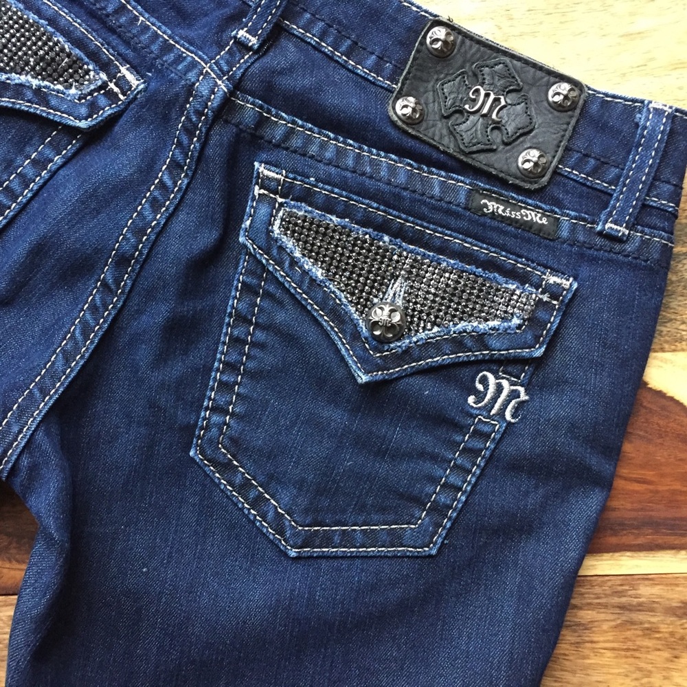 Miss Me boot cut jean, dark wash, length 34.