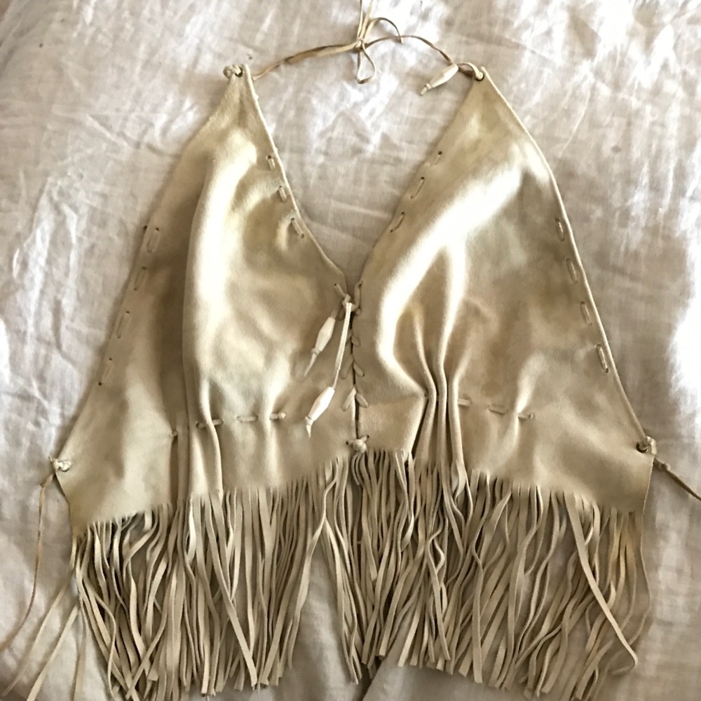 Real Suede Crop Fringe Halter Top