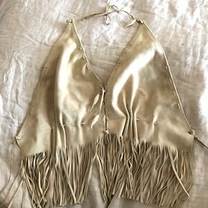 Real Suede Crop Fringe Halter Top