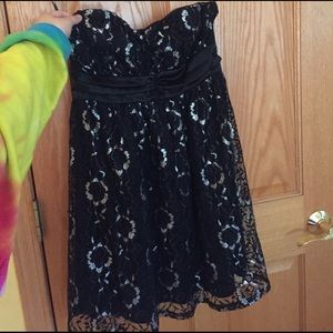 Black lace and silver strapless dress