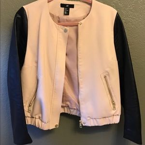 Light Pink Varsity Jacket w/ Black Leather Sleeves