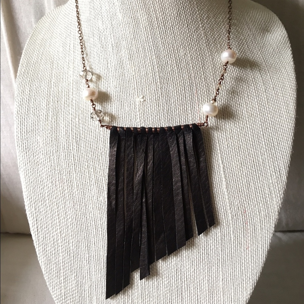 Handmade Black Leather Fringe Necklace