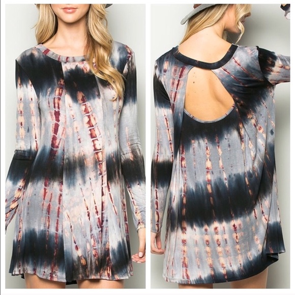 Sale❌Black Tie Dye Mini Dress Open Back w sleeves - Picture 2 of 5
