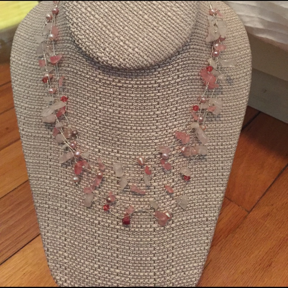 Pink /white gem necklace, 16 inches thread chain