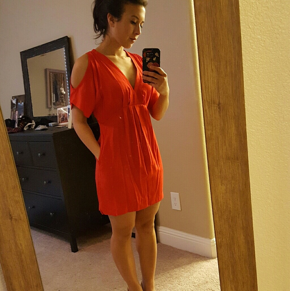 Lulu's red cold shoulder dress with pockets