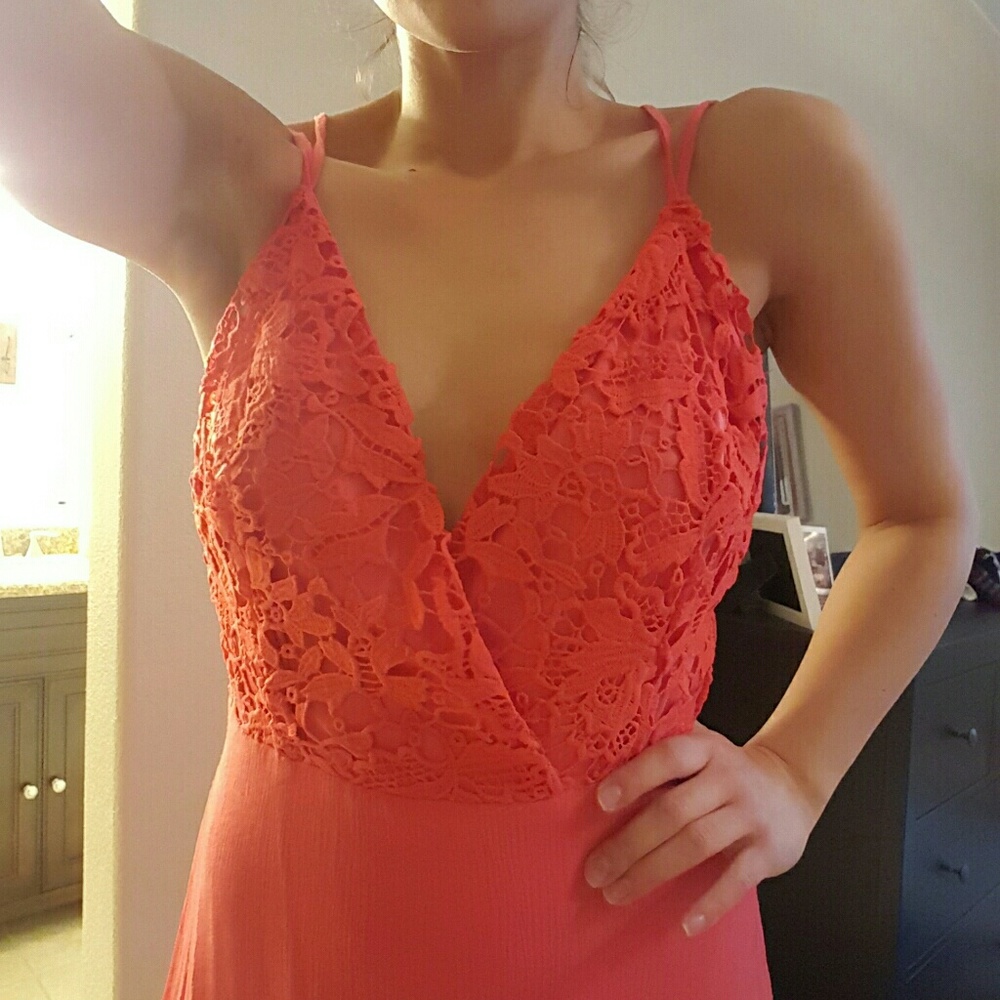 Strappy low back pink crochet lace dress