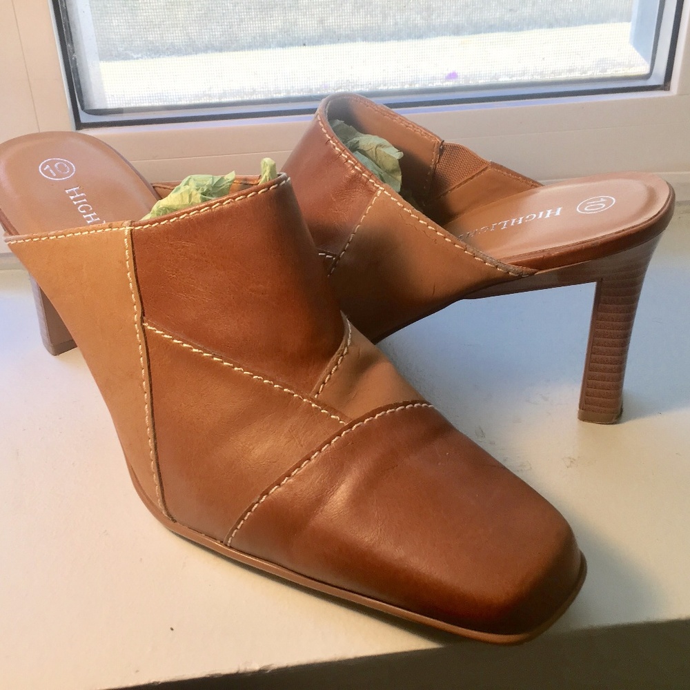 Brow and baige mules size 10