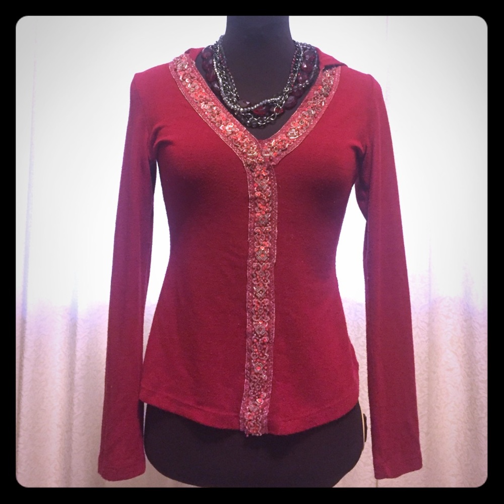 Sequin Embroidered Red Light Weight Sweater Hoodie