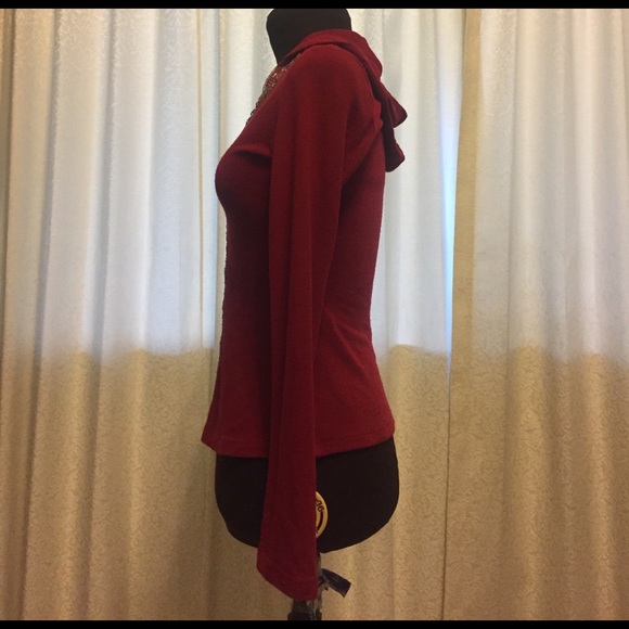 Sequin Embroidered Red Light Weight Sweater Hoodie - Picture 2 of 5