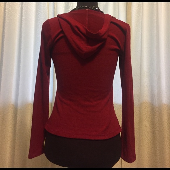 Sequin Embroidered Red Light Weight Sweater Hoodie - Picture 3 of 5