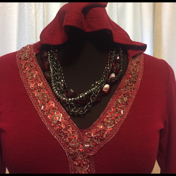 Sequin Embroidered Red Light Weight Sweater Hoodie - Picture 4 of 5