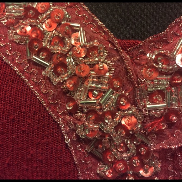 Sequin Embroidered Red Light Weight Sweater Hoodie - Picture 5 of 5