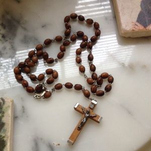 Wooden Crucifix Rosary Necklace