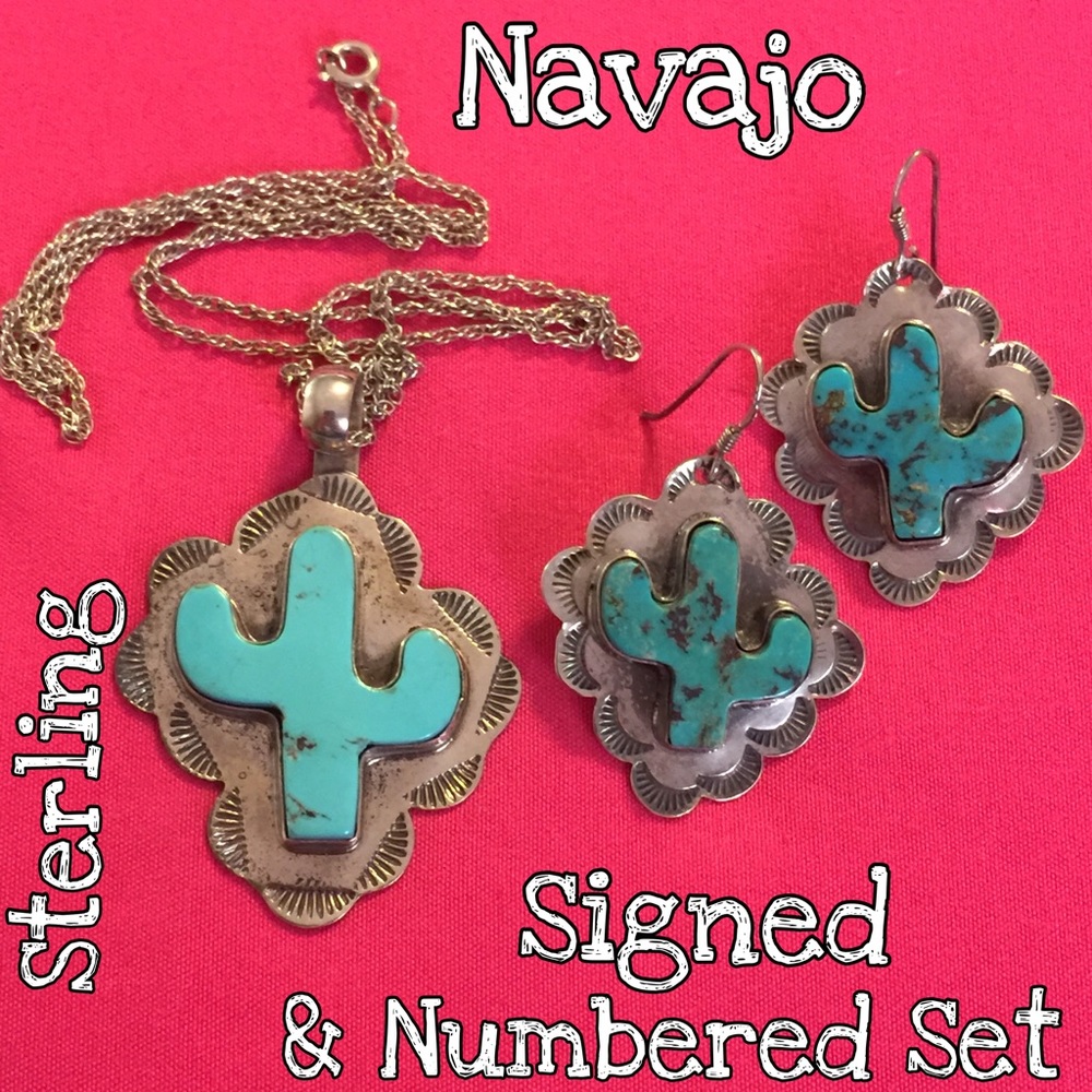 Vintage 925 Navajo Signed Cactus Turquoise Set