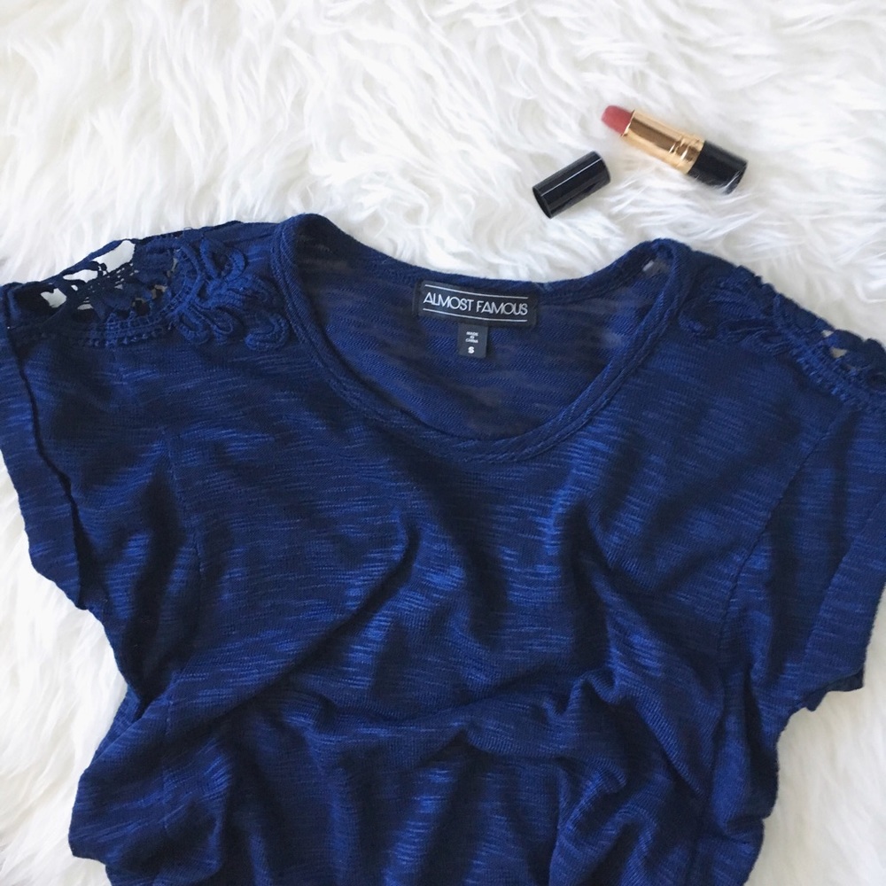 Blue top with crochet shoulders