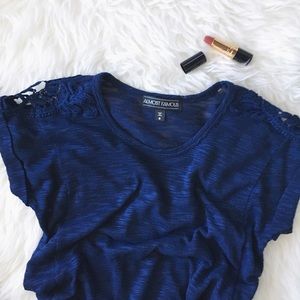 Blue top with crochet shoulders