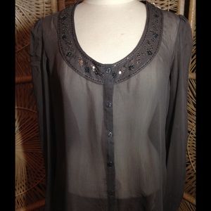 ON SALE Sheer Sequined Trimmed Long Sleeve Blouse.