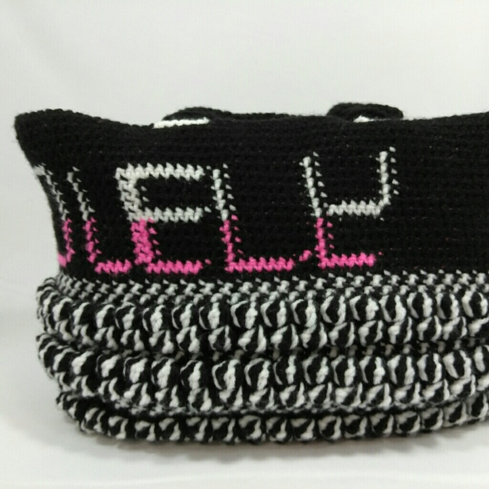 Pink/BLACK/White BUBBLE stitch crochet handbag