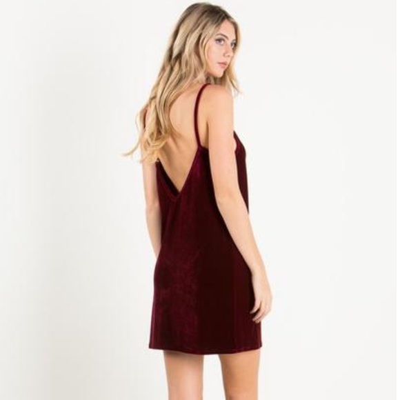Burgundy Velvet Spaghetti Strap Dress 90s Style - Picture 2 of 2