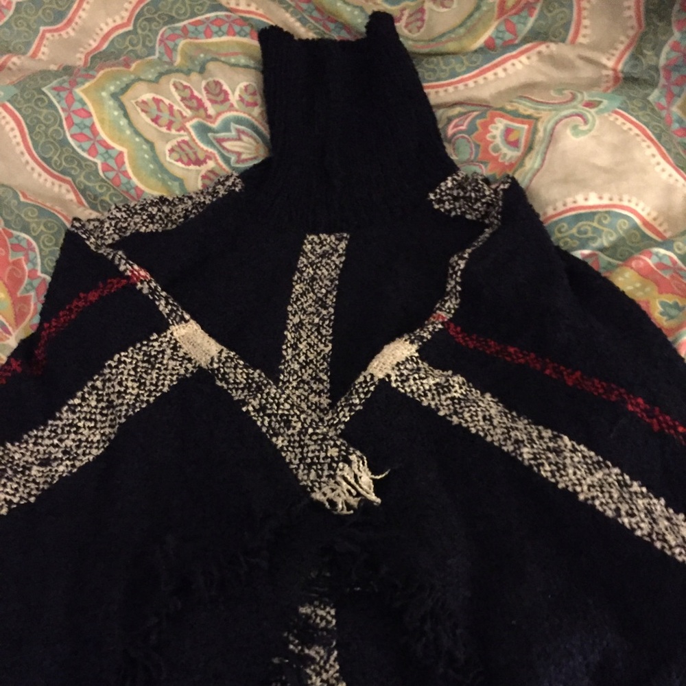 Navy Burberry Look Turtleneck Poncho Sweater