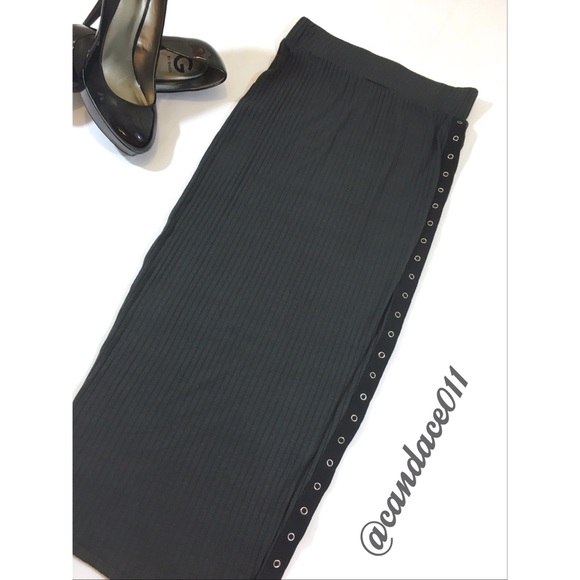Calf Length Ribbed Pencil Skirt (Charcoal) - Picture 2 of 6