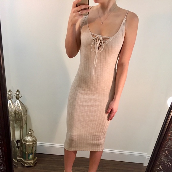 Boutique Dresses & Skirts - ANNA Taupe Ribbed Lace Up Dress