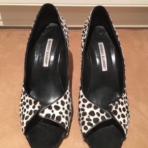 Manolo Blahnik black and white pony open-toe pump