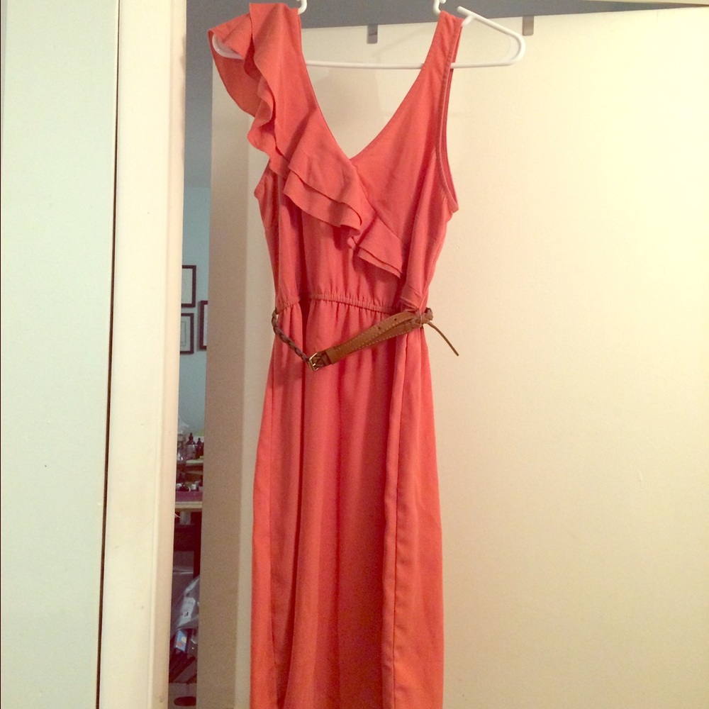 Coral Belted Dress with Ruffle Shoulder