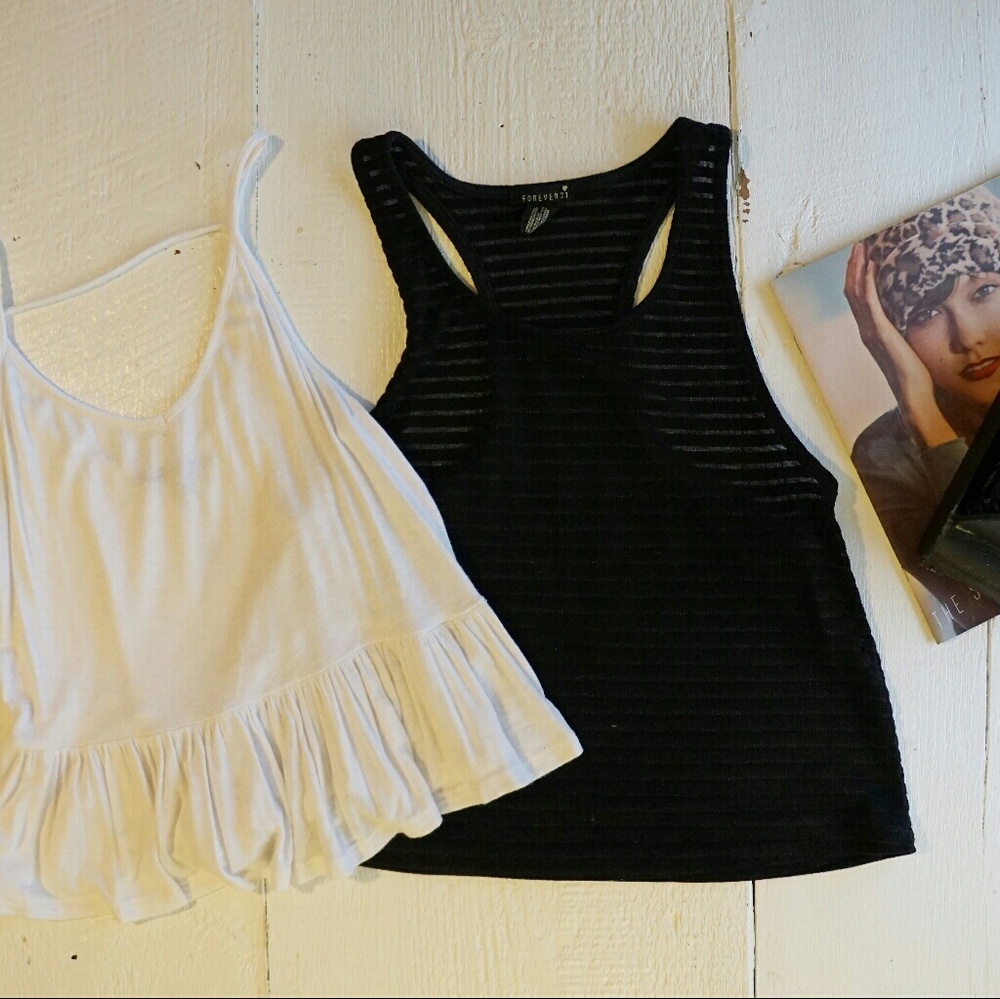 White relaxed peplum tank & sheer black racerback