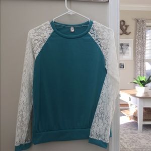Teal and white lace top