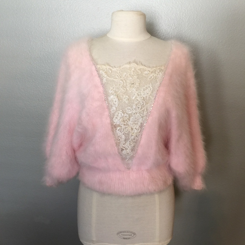 Vintage Fuzzy Pink Sweater with Lace Detail