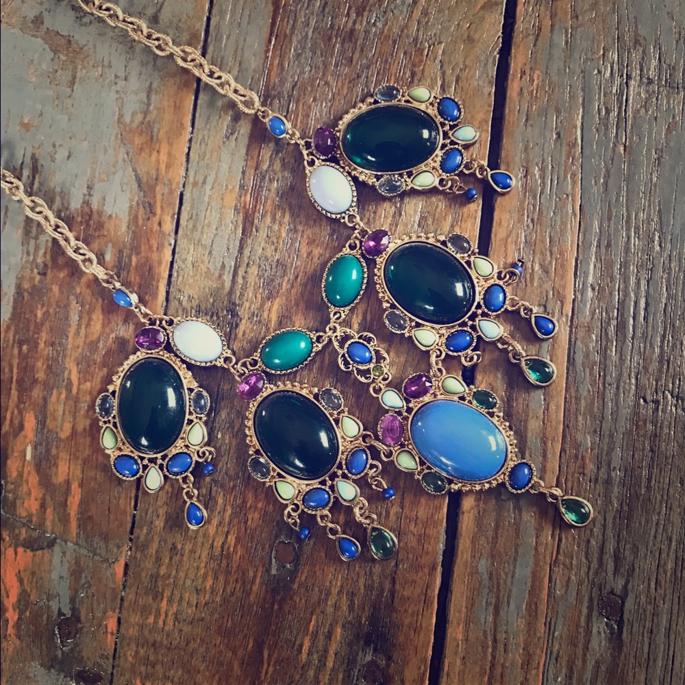 Green Blue Purple jeweled Bib Statement Necklace