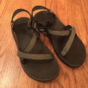 Blue and green Chacos
