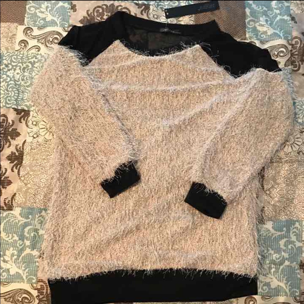 NWT Sheer mesh back fuzzy long sleeve sweater
