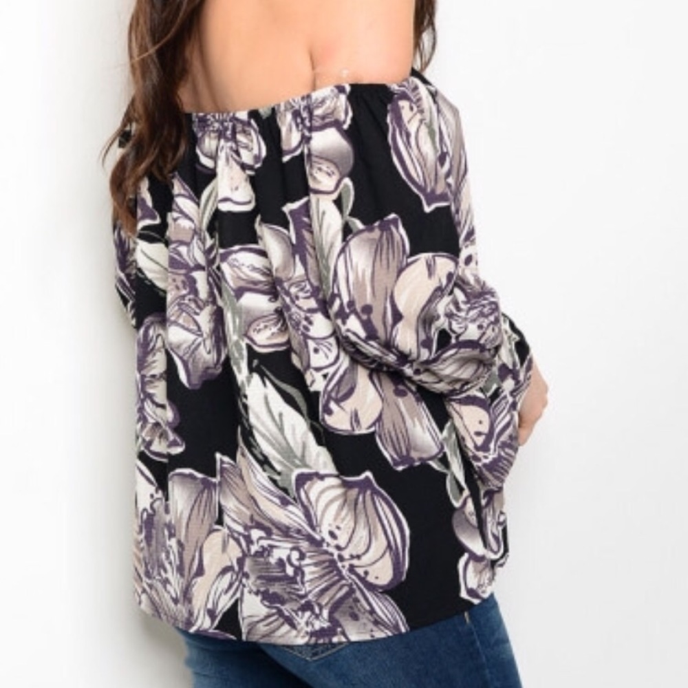 💋BLACK FLORAL COLD SHOULDER TOP-S-M-L - Picture 2 of 5