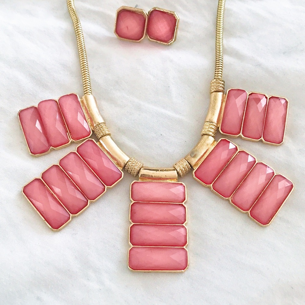 Pink and gold statement necklace and earring set.