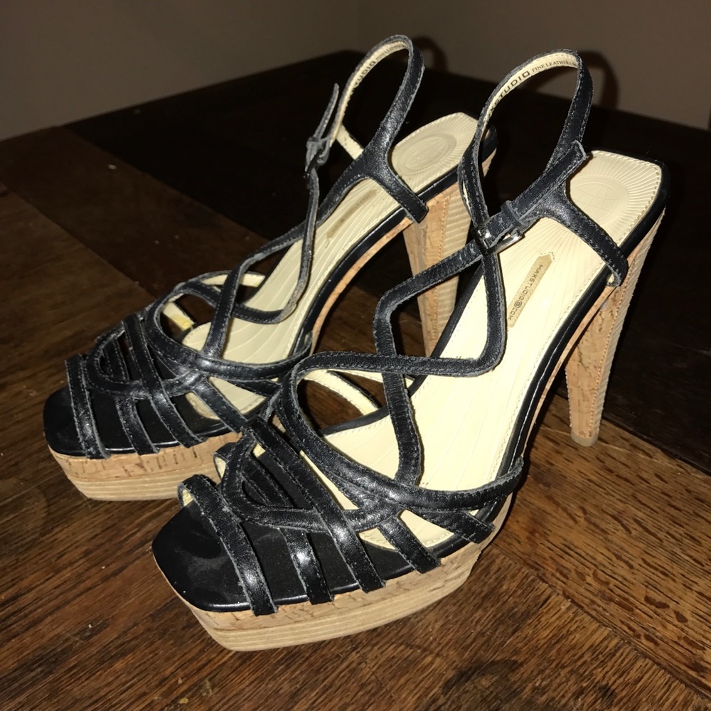 4 inch black strappy cork heels