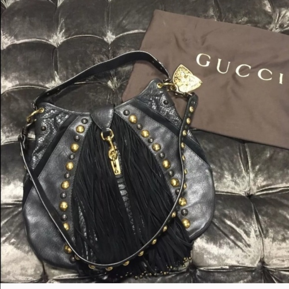 Gucci Babouska Black Python Fringe Shoulder Bag