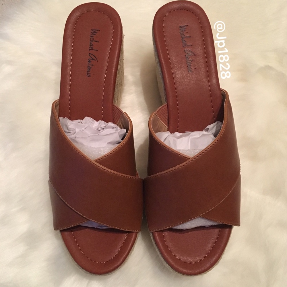 NIB Cognac Woven Wedge Sandals