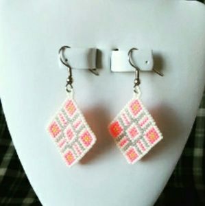 Pink and White Diamond-shaped Beaded Earrings