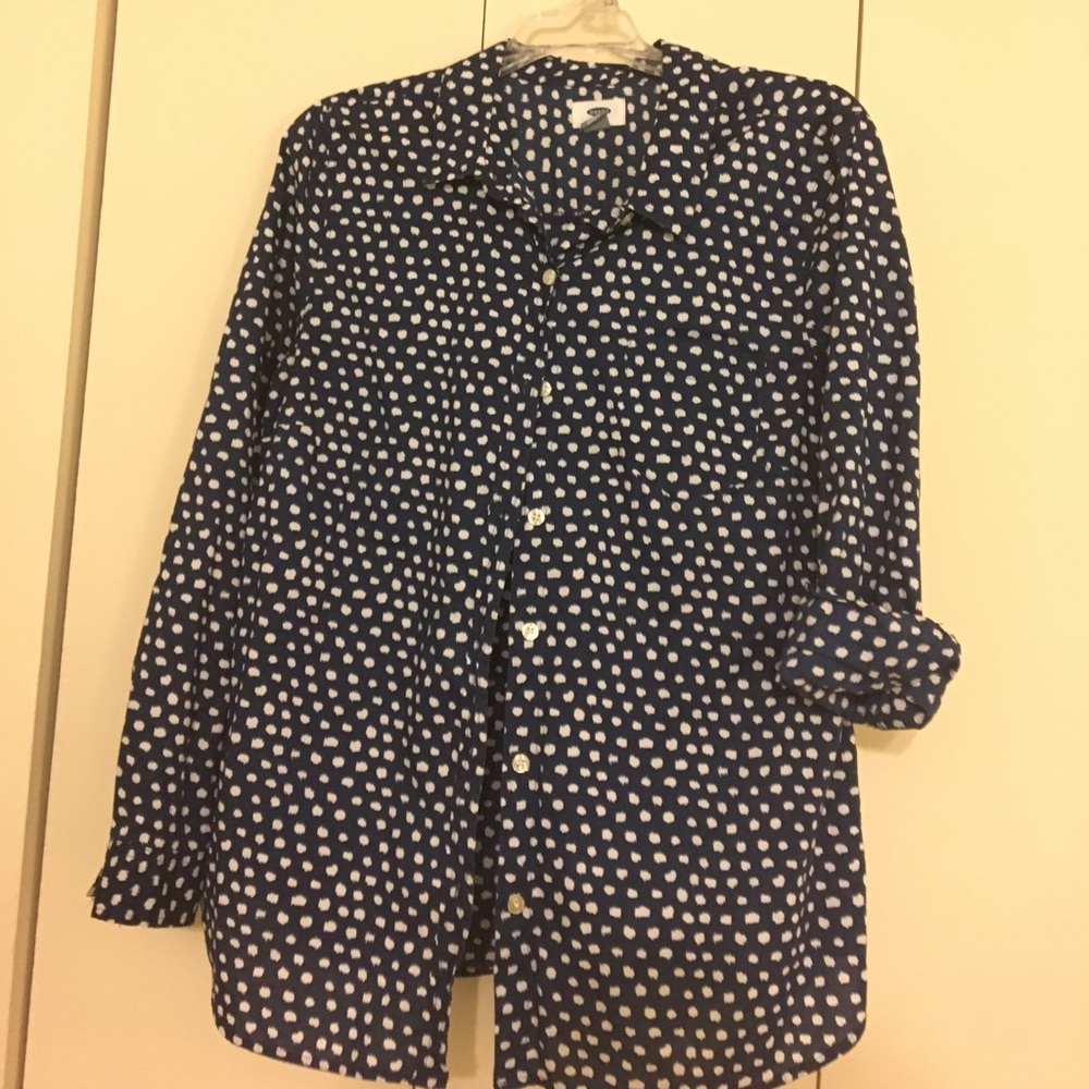 Blue button up with white polkadots. Size large.