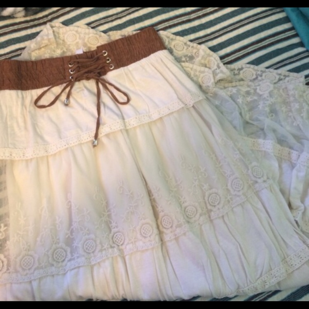 Floor length beige lace skirt