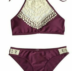 Women's Lace Splicing Halter Padding Tank Bikini