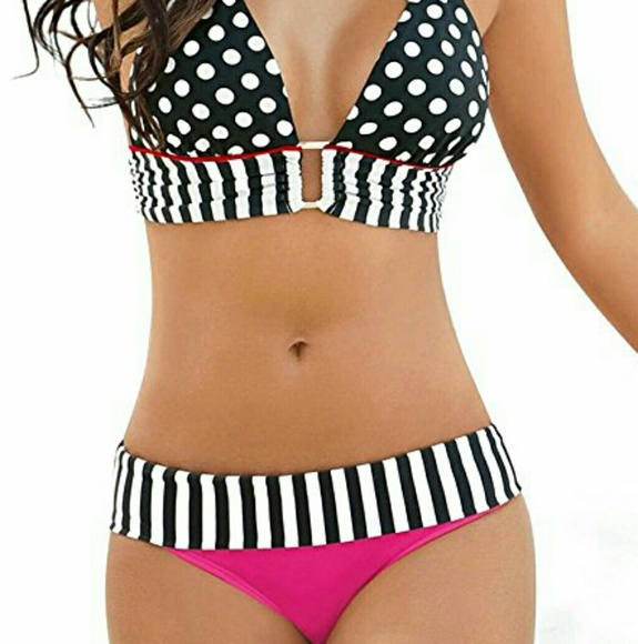Sexy Boho 2pcs Bikini Set Polka Dots Stripe halter - Picture 1 of 2