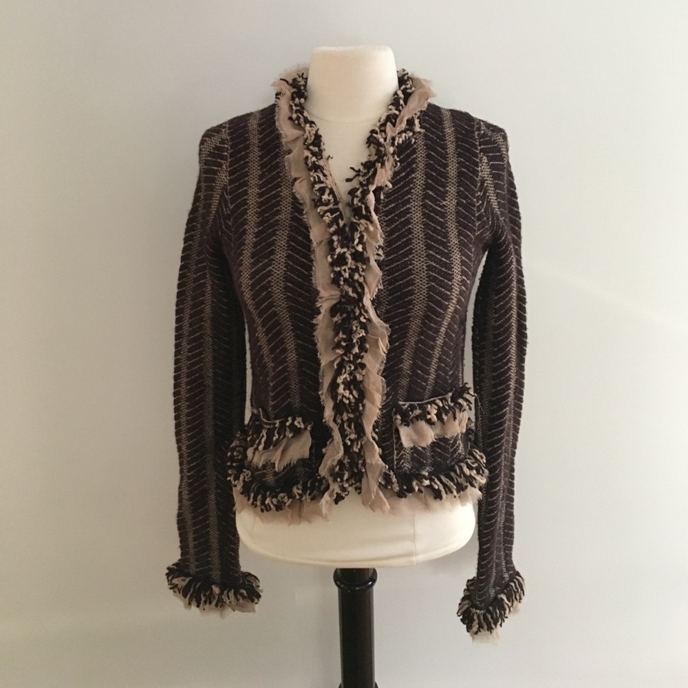 Anthropologie Herringbone Fringe Sweater