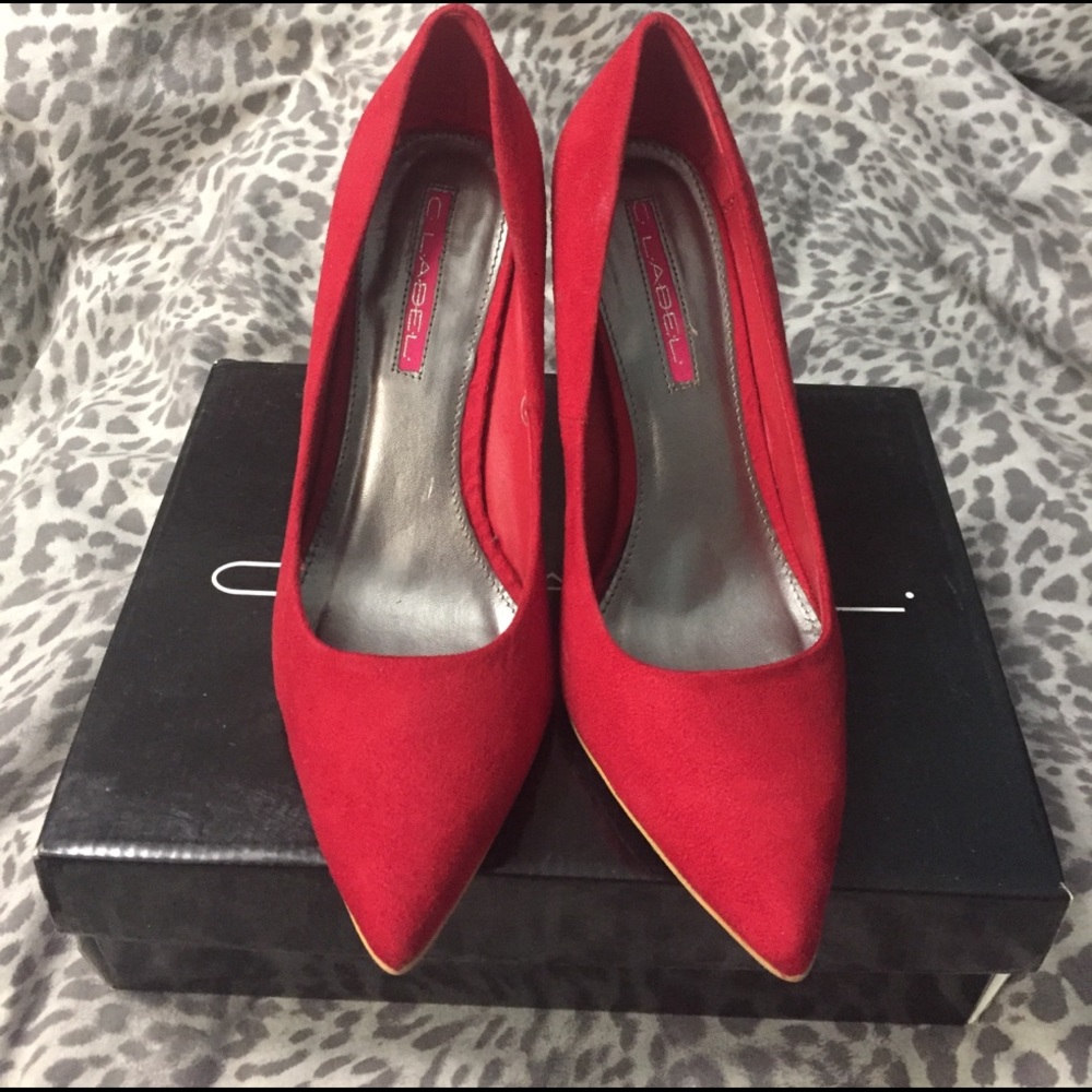 Red faux suede pointed stiletto