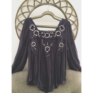 Free People Navy Bell Sleeved Floral Top - Size S