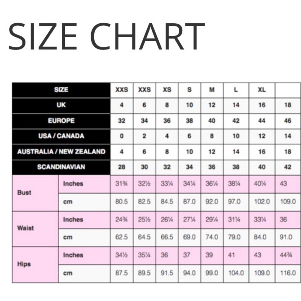 Size Chart NOT FOR SALE