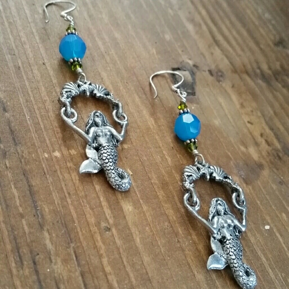 Mermaid Earrings w/Swarovski Crystal silver ear wi
